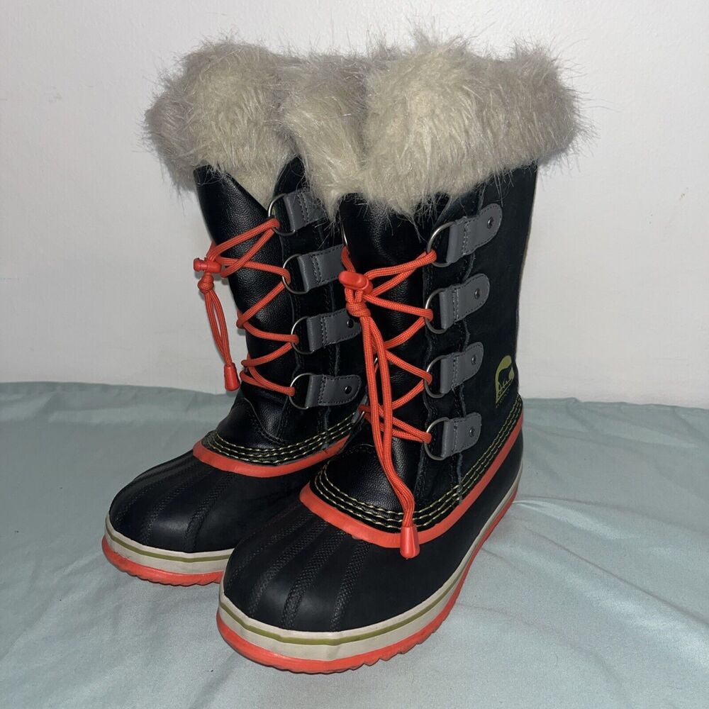 Sorel Snow Boots Faux Fur Waterproof Winter Black Girls Youth Size 3 NEON ORANGE